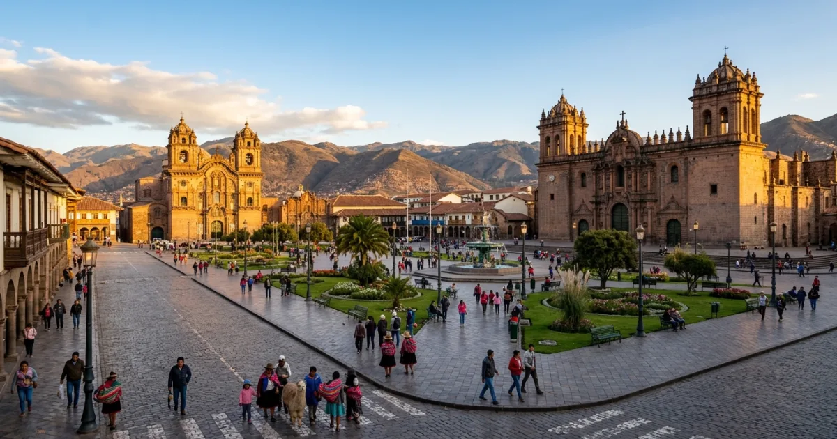 Wide angle view of Plaza de Armas Cusco with the Cathedral in the background