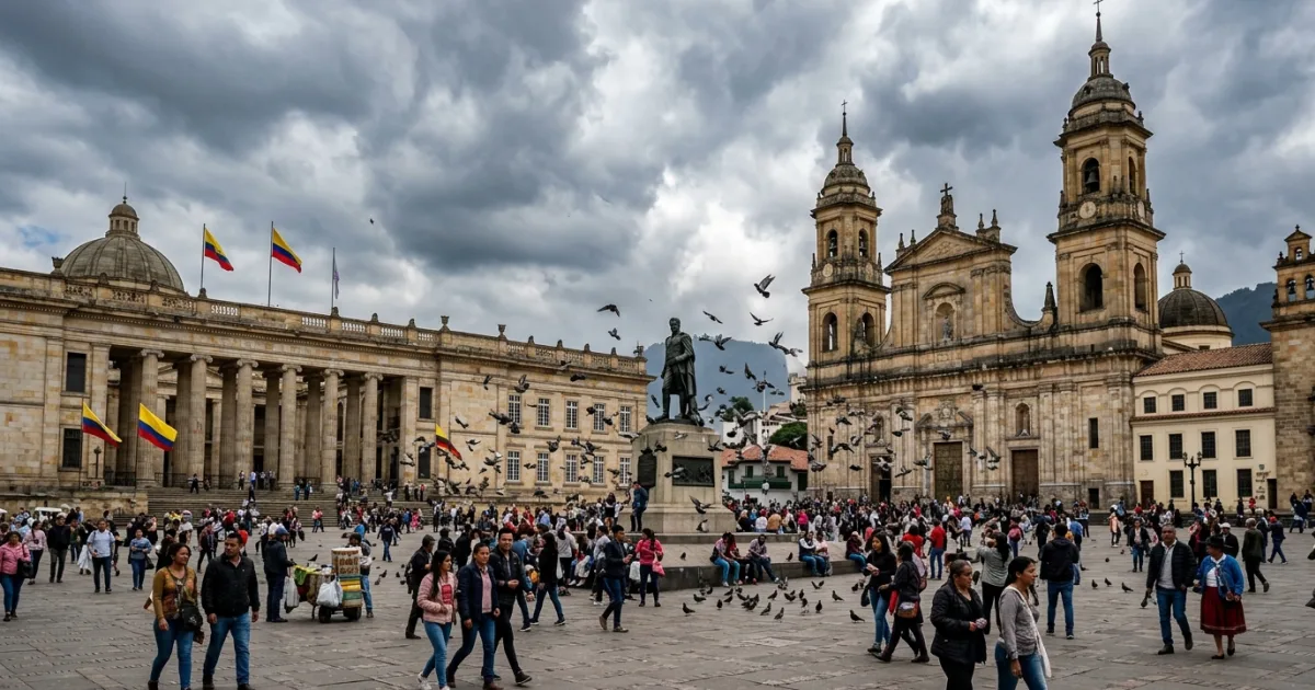 Wide view of Plaza de Bolivar in Bogota showing the Cathedral and National Capitol