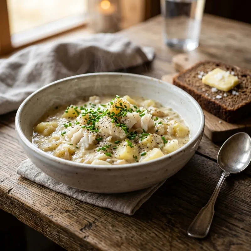 A bowl of Icelandic Plokkfiskur fish stew with rye bread