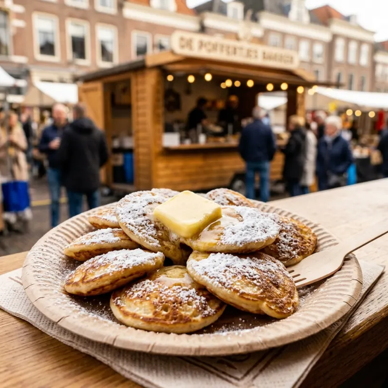Freshly baked Dutch poffertjes with butter and powdered sugar