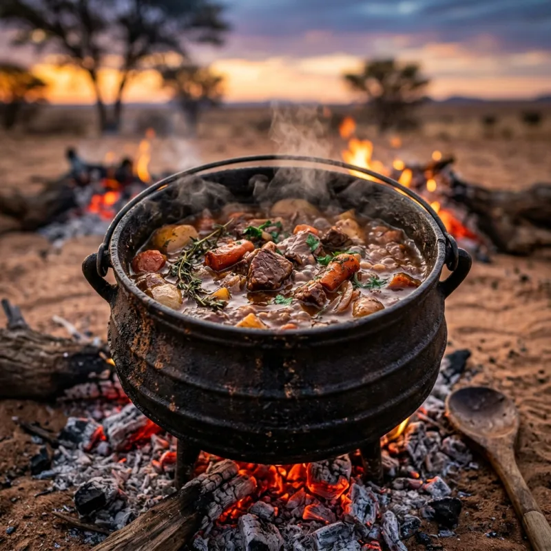 Traditional Potjiekos cooking over an open fire in the Namib Desert