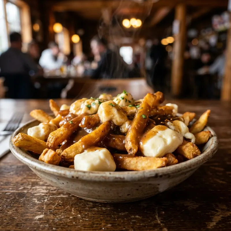 A bowl of traditional Québécois poutine with fries, cheese curds, and gravy