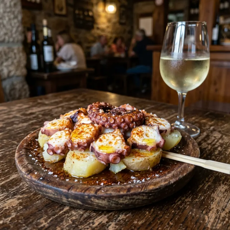 A traditional wooden plate of Pulpo a la Gallega with olive oil and paprika