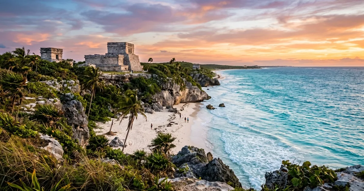 Ancient Mayan ruins overlooking the turquoise Caribbean Sea in Tulum, Quintana Roo
