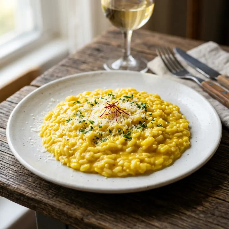 A plate of golden Risotto alla Milanese