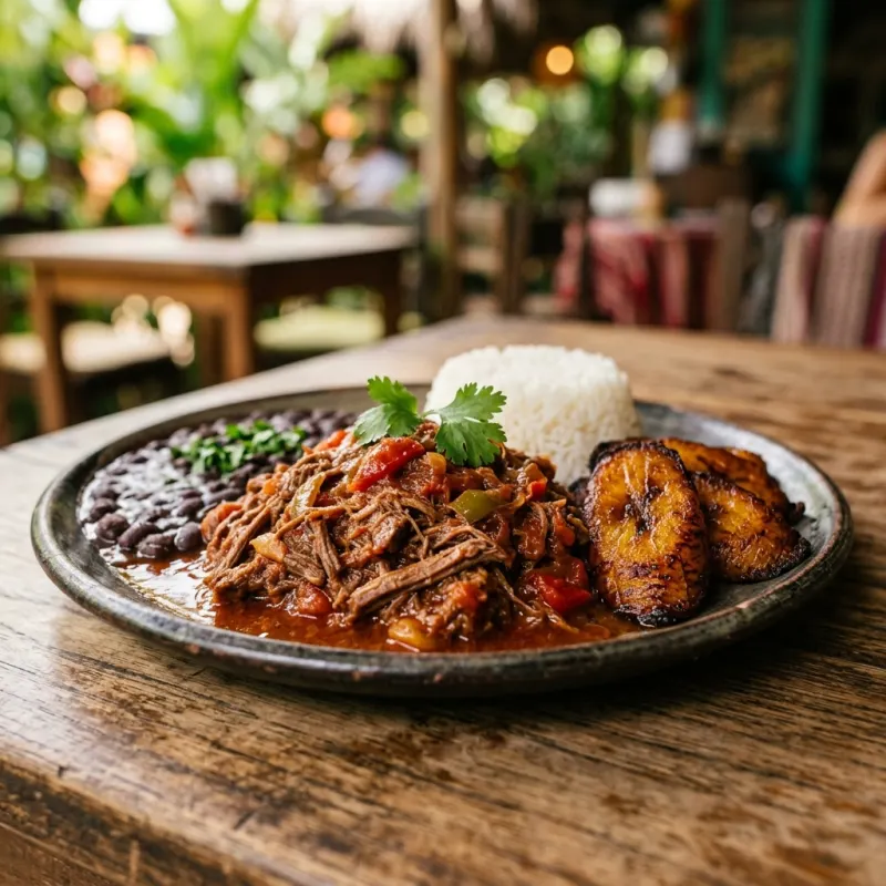 Traditional Cuban Ropa Vieja with rice, black beans, and plantains