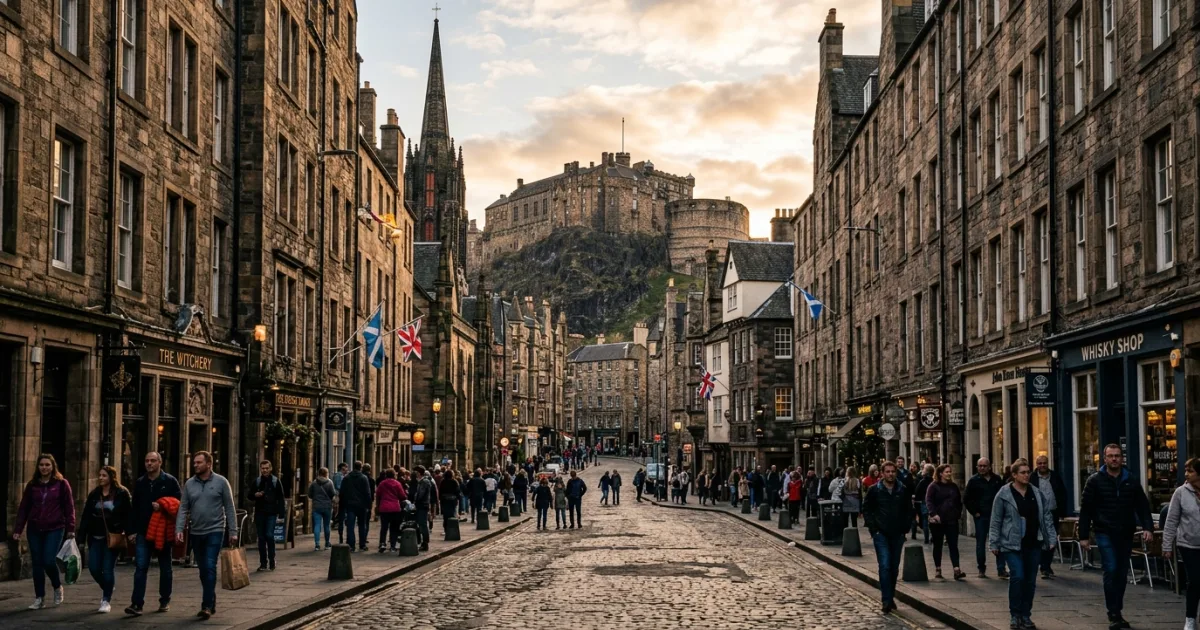 A wide view of the historic Royal Mile in Edinburgh leading up to the castle
