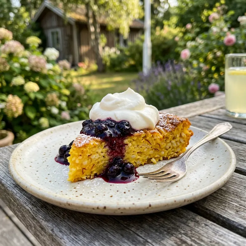 A slice of traditional Gotland saffron pancake with whipped cream and dewberry jam