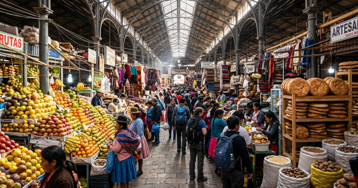 Interior view of the vibrant San Pedro Market in Cusco, Peru