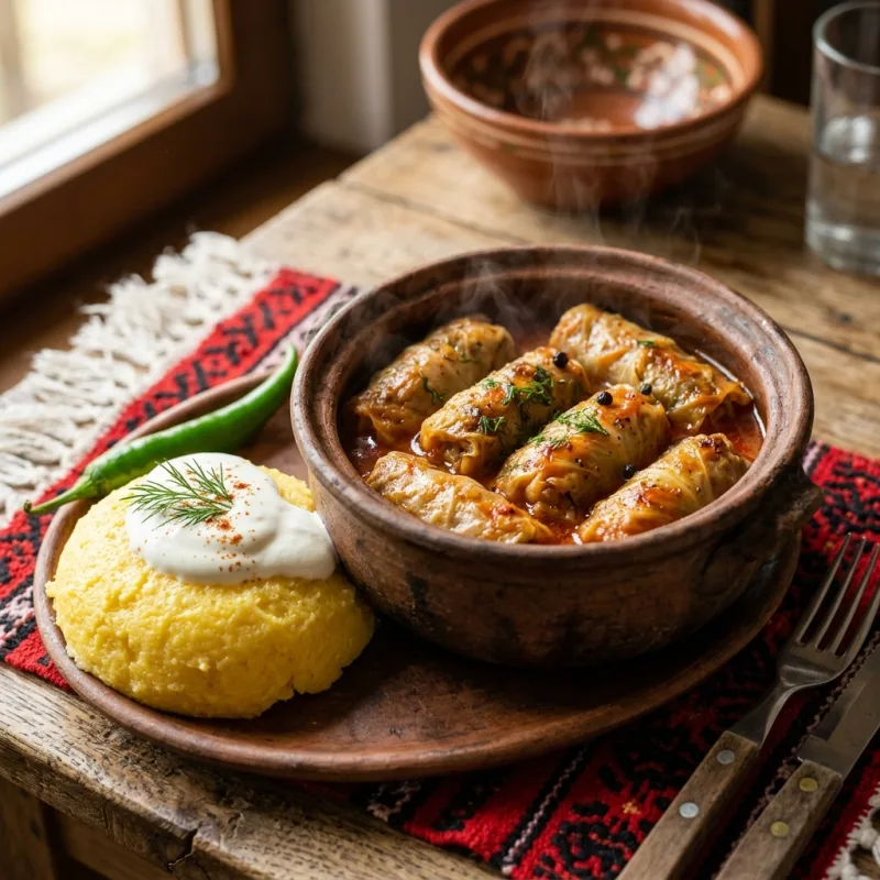 Traditional Romanian Sarmale with polenta and sour cream