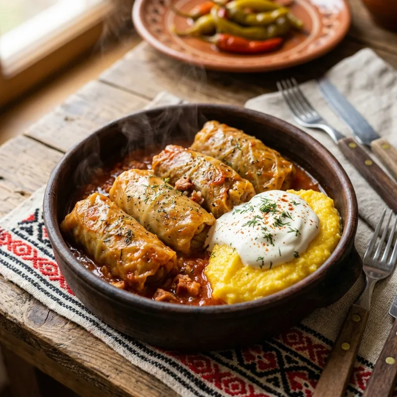 Traditional Romanian Sarmale with polenta and sour cream