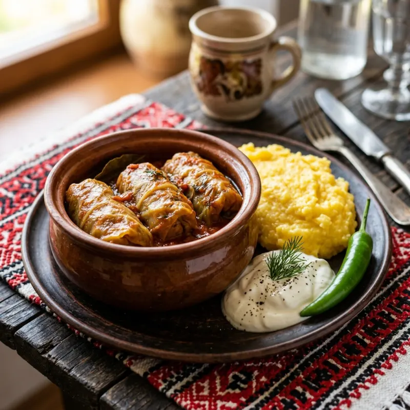 Traditional Romanian Sarmale with Mamaliga and sour cream