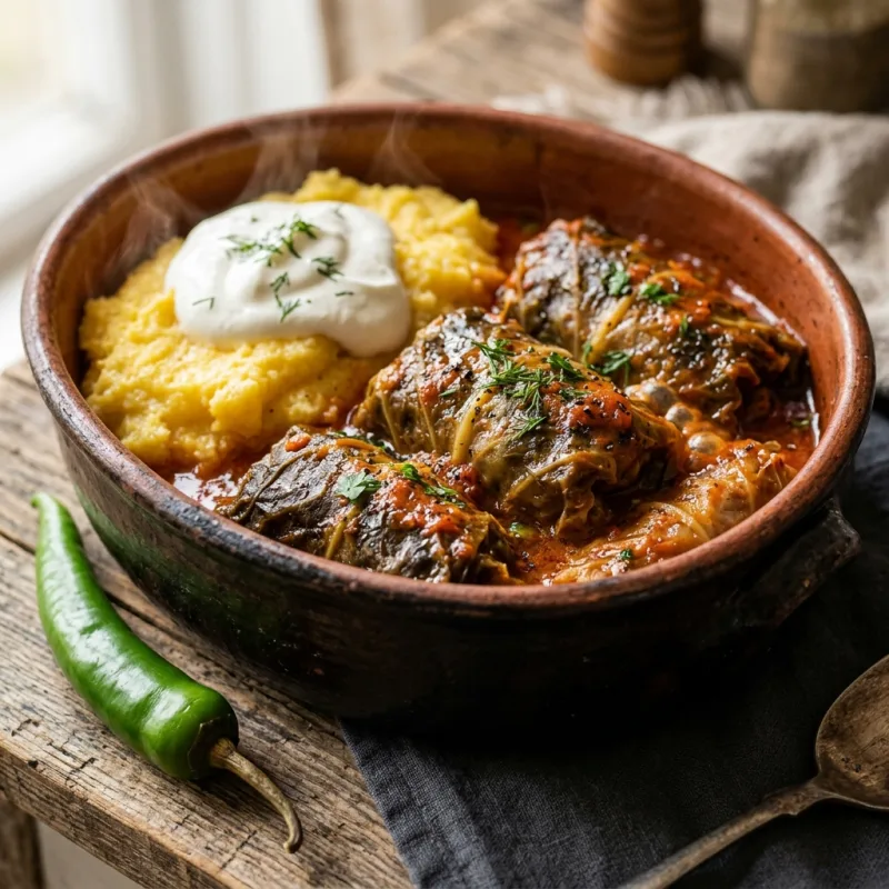 Traditional Romanian Sarmale with polenta and sour cream