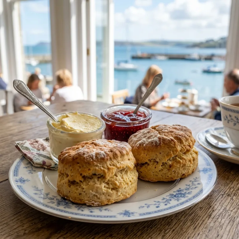 Freshly baked scones with clotted cream and jam served on fine china