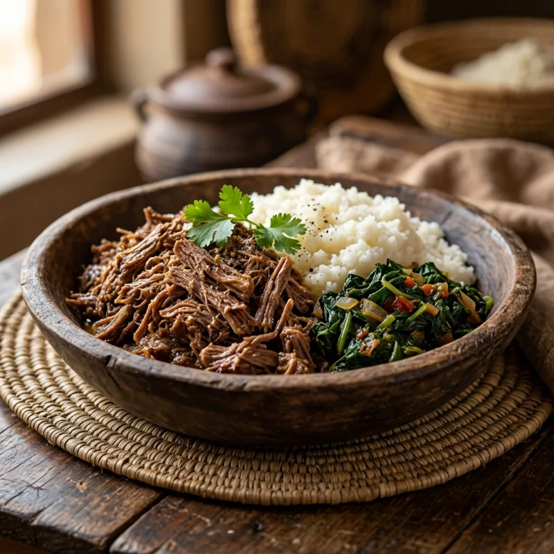 Traditional Botswana Seswaa with maize pap and morogo