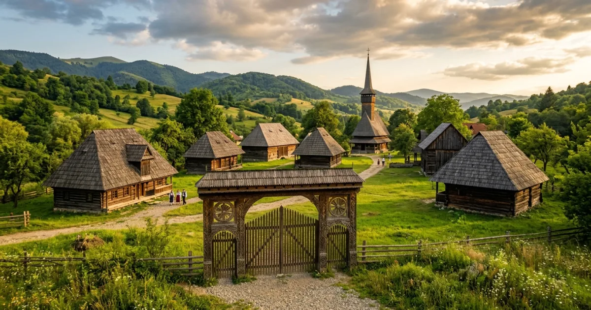 Traditional wooden houses and carved gates at the Maramures Village Museum in Sighetu Marmatiei