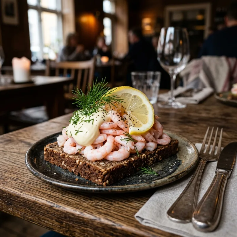 Traditional Danish Smørrebrød with shrimp and dill