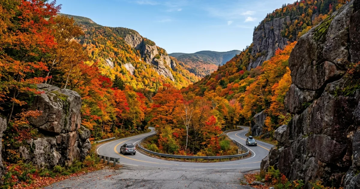 Scenic winding road through Smugglers Notch State Park during fall foliage