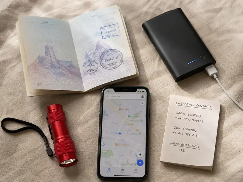 Solo Female Travel Safety: 7 Best Destinations for 2026 5 Solo female travel safety essentials — passport, portable charger, offline map, emergency card, and red torch