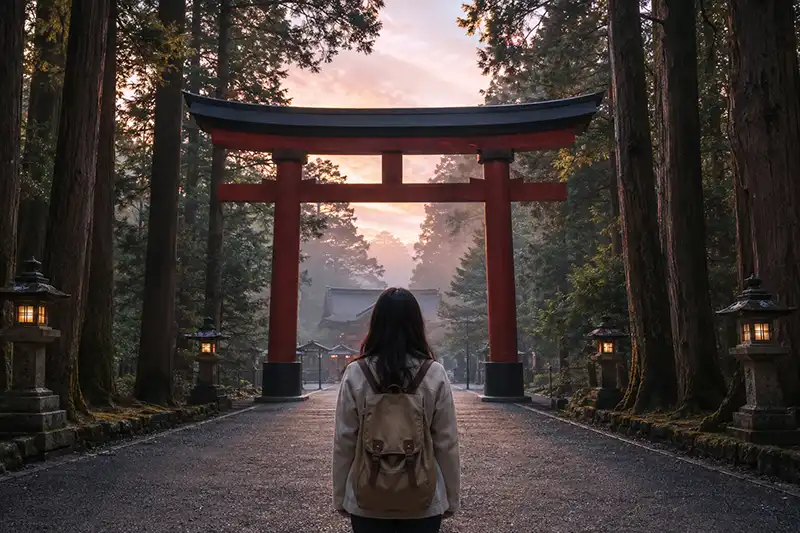 Solo Female Travel Safety: 7 Best Destinations for 2026 3 Solo woman at a red torii gate in Japan at dawn — solo female travel safety in Japan
