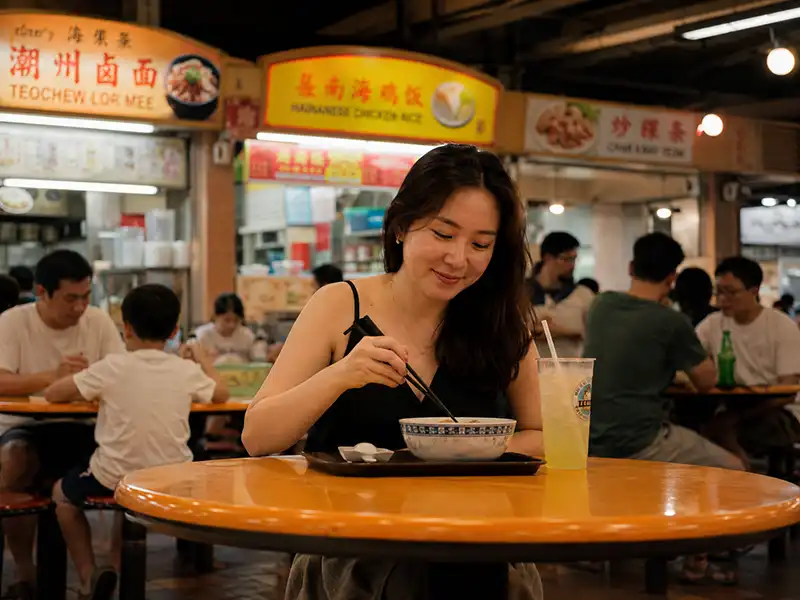 Solo Female Travel Safety: 7 Best Destinations for 2026 4 Solo woman eating alone at a Singapore hawker centre at night — solo female travel safety Singapore