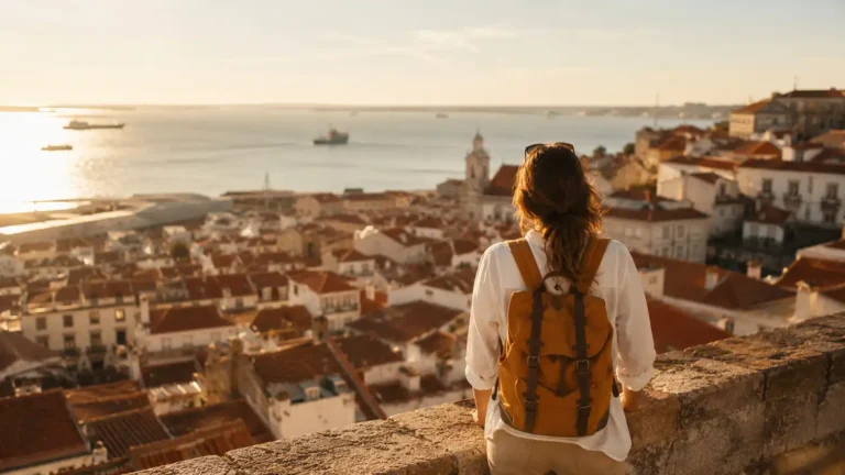 Solo Female Travel Safety: 7 Best Destinations for 2026 1 Solo female traveler standing at a viewpoint overlooking a coastal city — solo female travel safety destinations 2026