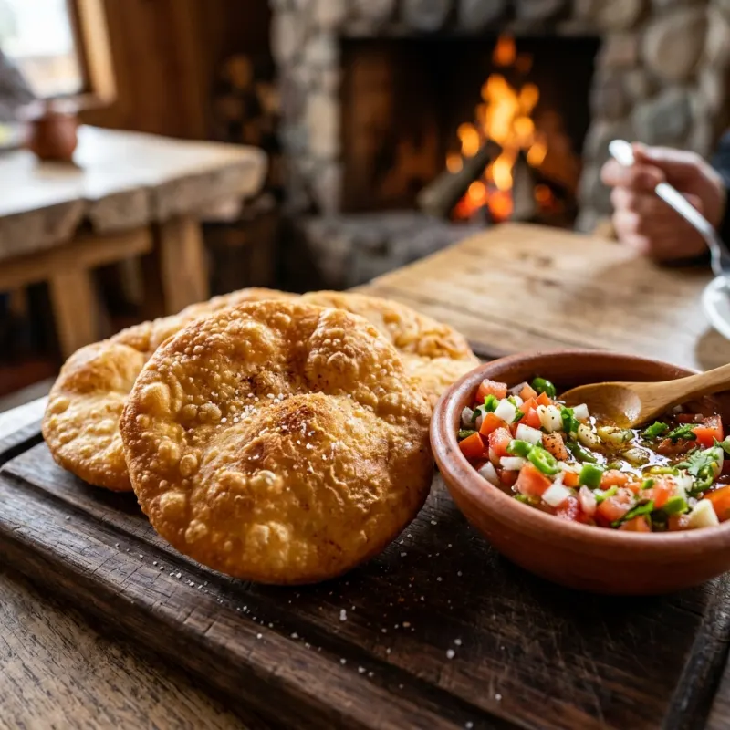 Warm Chilean sopaipillas served with fresh pebre salsa on a wooden board