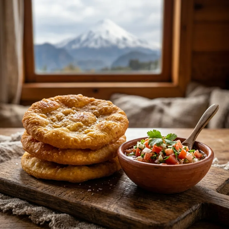 Golden fried sopaipillas served with fresh pebre salsa on a wooden board.