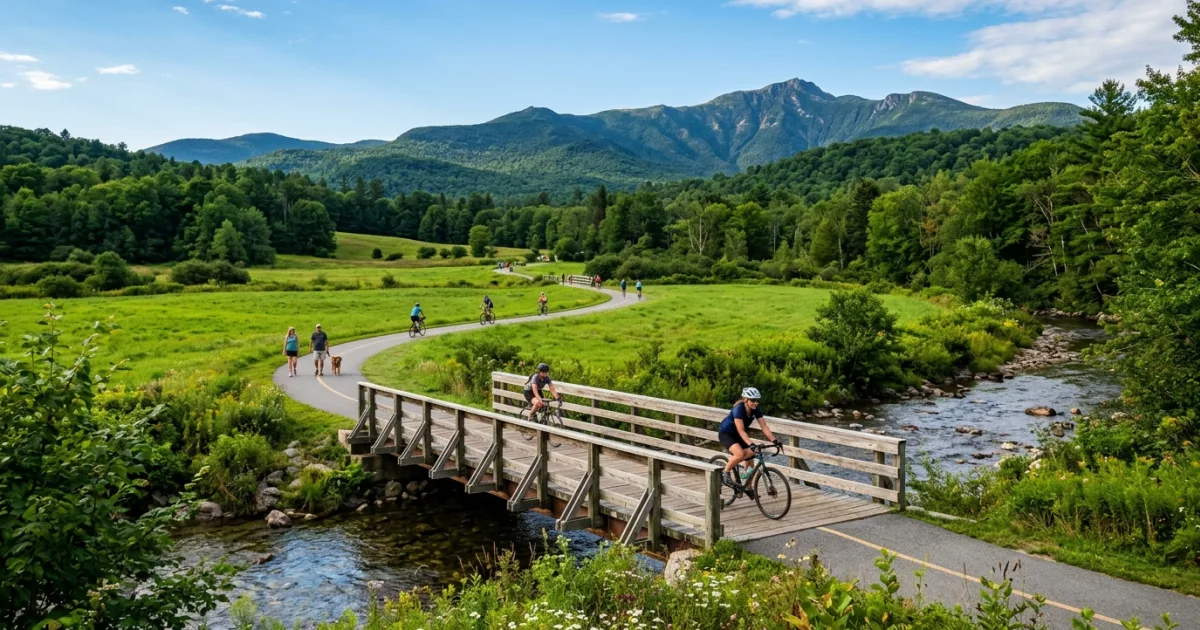Cyclists and walkers enjoying the scenic Stowe Recreation Path in Vermont