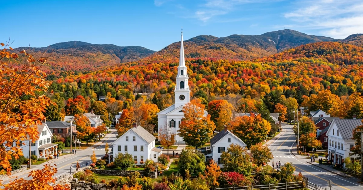 Stowe Village Historic District with autumn foliage and the iconic white church steeple