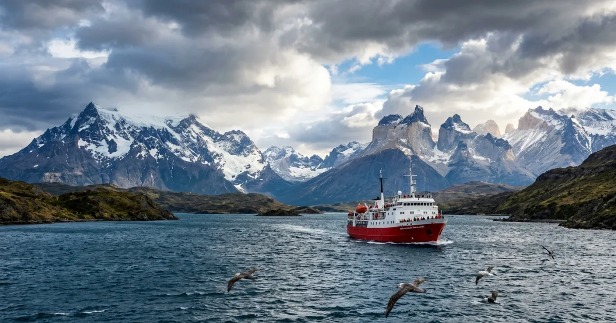 Expedition ship navigating the scenic waters of the Strait of Magellan