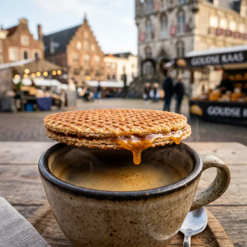 A warm stroopwafel resting on a coffee cup in a Dutch market