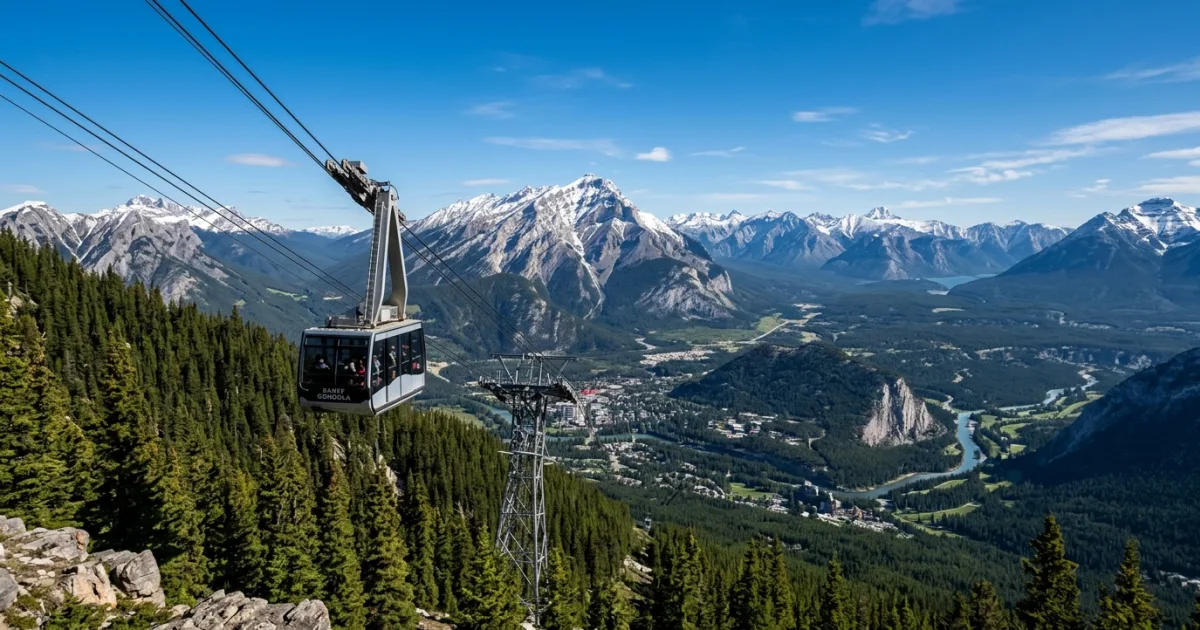 Sulphur Mountain Gondola ascending with the Canadian Rockies in the background