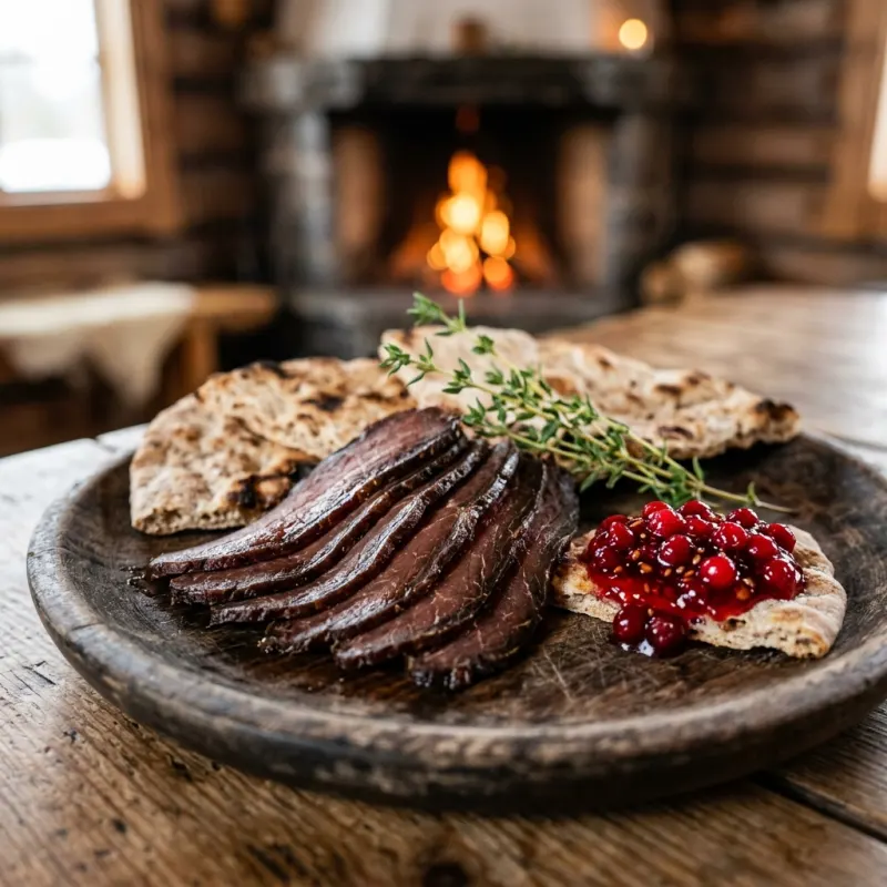 Thinly sliced Suovas smoked reindeer meat with flatbread and lingonberries
