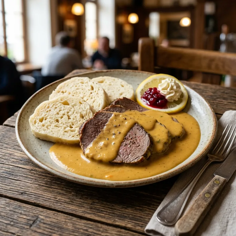 Traditional Czech Svíčková na smetaně with dumplings