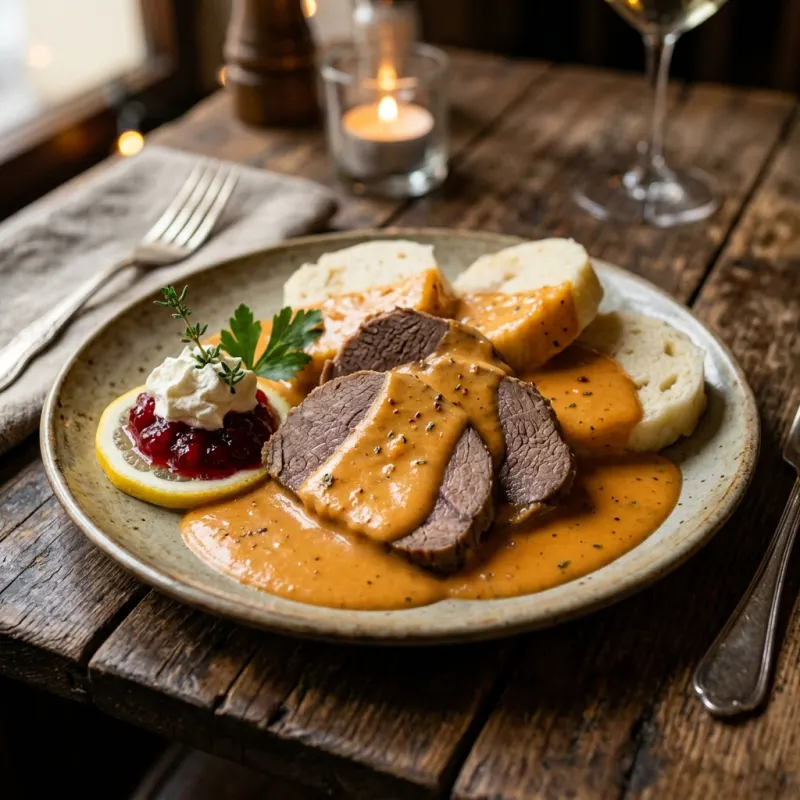 Traditional Czech Svíčková na smetaně with dumplings and cranberry garnish