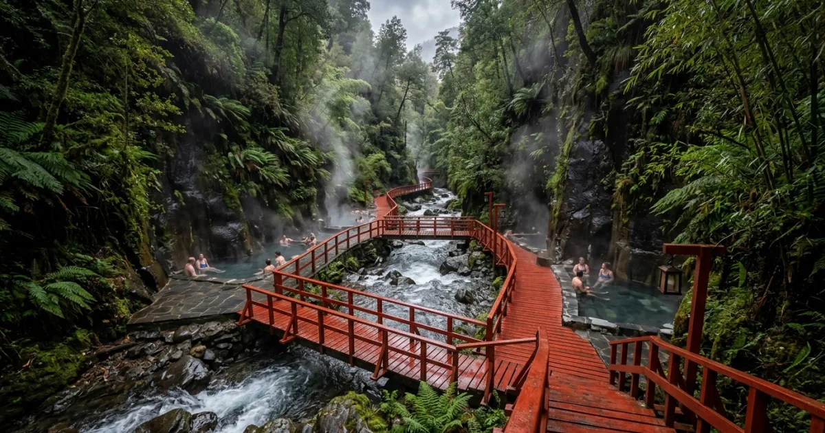 Vibrant red wooden walkways winding through steaming thermal pools in a lush green rainforest canyon at Termas Geometricas