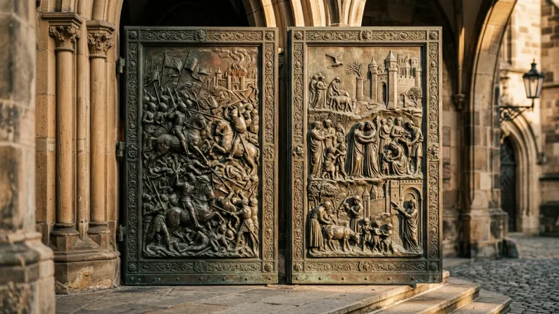 Admire the War-Scarred Bronze Doors 3 A detailed close-up of the artistic bronze doors of the Great St. Lawrence Church, depicting expressive figures in relief.