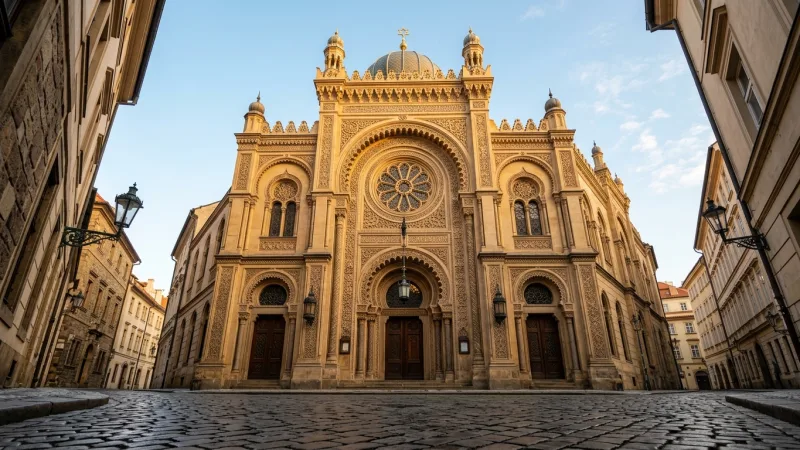 Avoid the Saturday Shabbat Closure 3 The ornate exterior of the Spanish Synagogue in Prague under a soft morning sky.