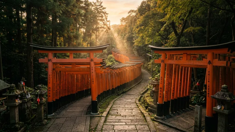 Beat Crowds at Dawn 1 Sunlight streaming through endless orange Torii gates along a quiet stone path in Kyoto.