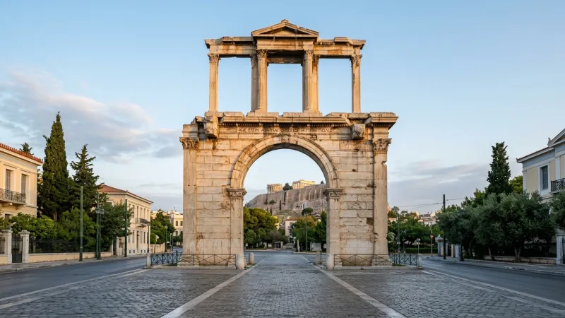 Beat the Amalias Avenue Traffic 4 Hadrian's Arch in Athens standing quietly in the soft morning light with an empty street in front.