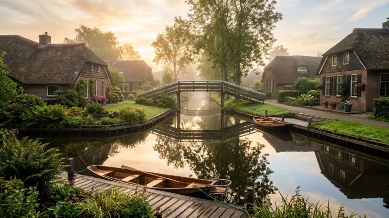 Beat the Day-Tripper Rush 4 A serene canal in Giethoorn at sunrise with thatched-roof cottages and wooden bridges reflected in the calm water.