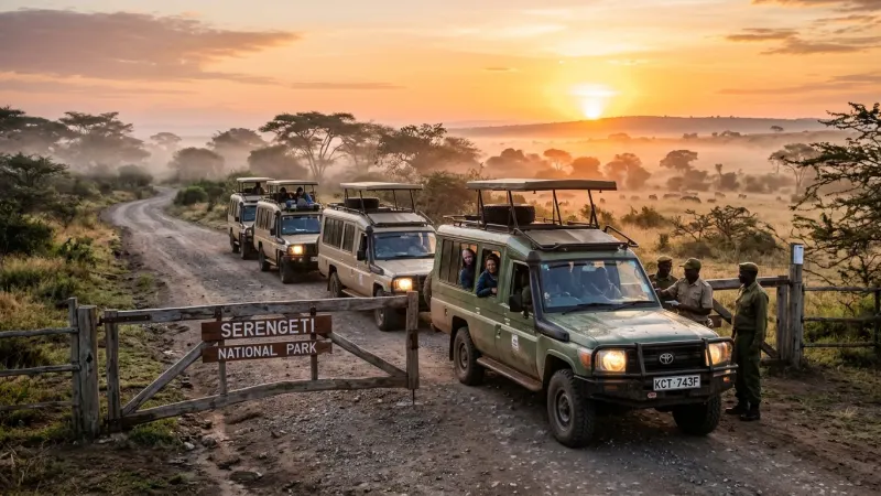 Beat the Gate Rush 4 A line of safari vehicles waiting at a national park gate at sunrise.