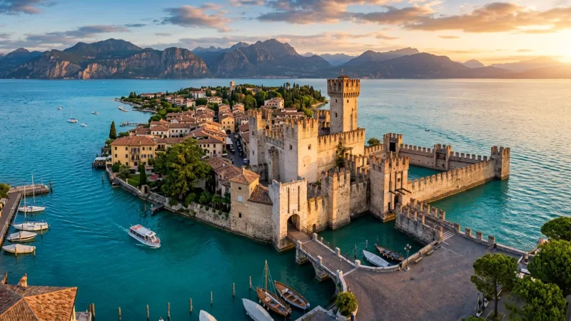 Beat the Sirmione Peninsula Crowd 1 Aerial view of a medieval water fortress on Lake Garda.