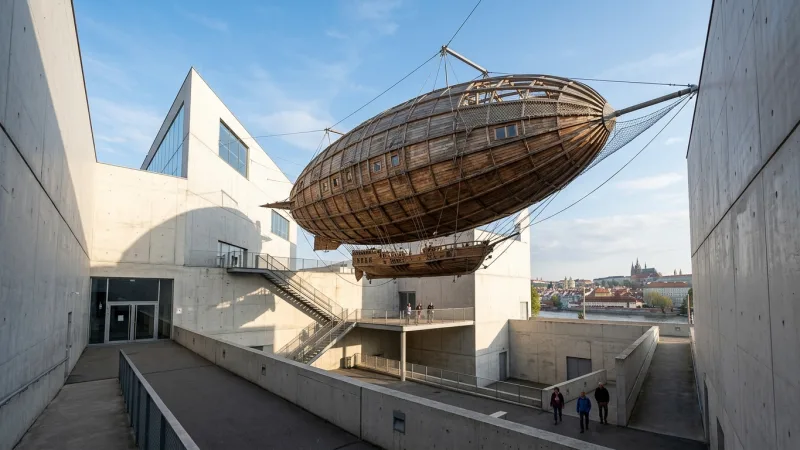 Board the Gulliver Airship Early 1 A massive wooden airship structure suspended between modern white buildings under a clear blue sky.