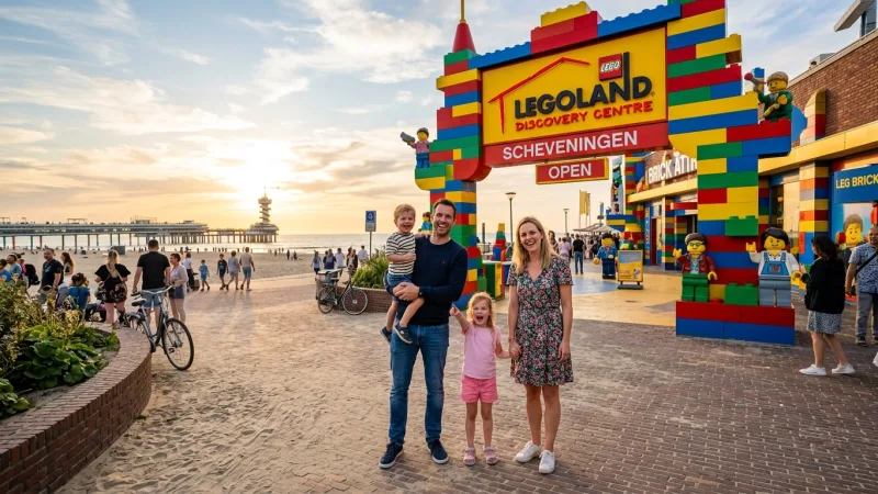 A family standing outside the colorful entrance of LEGOLAND Discovery Center on the Scheveningen boulevard.