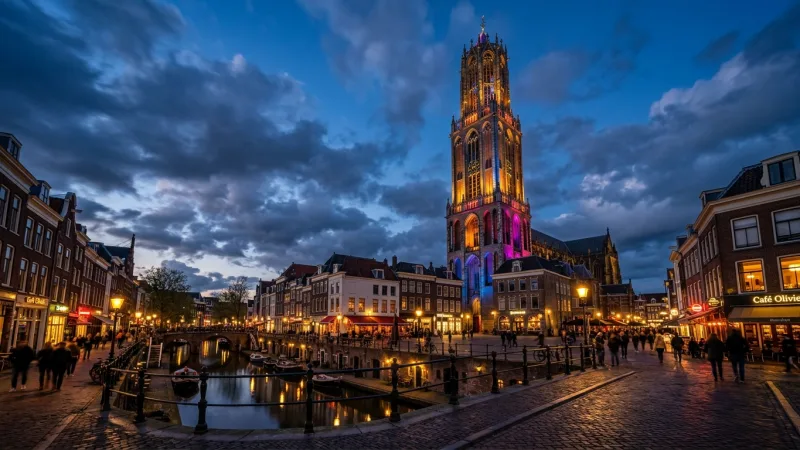 Book the Dusk Climb for Utrecht Lumen 1 The illuminated Gothic Dom Tower of Utrecht glowing against a deep blue dusk sky.
