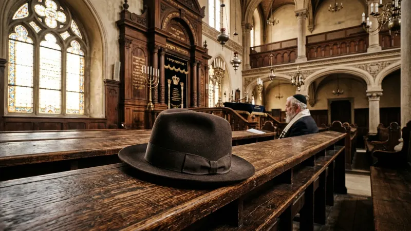 Bring Your Own Headwear 6 A classic dark hat resting on a wooden bench inside a beautifully lit historic synagogue.