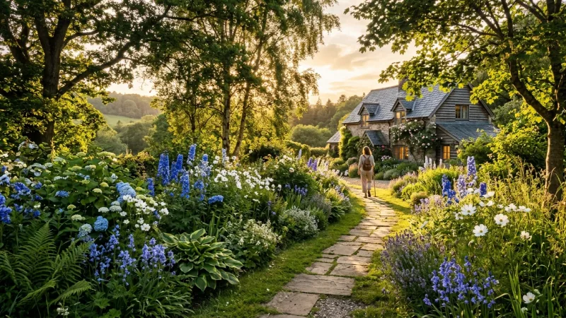 Capture the Painter's Light 3 A peaceful garden path surrounded by blue and white flowers illuminated by the warm, soft light of a late afternoon sun.