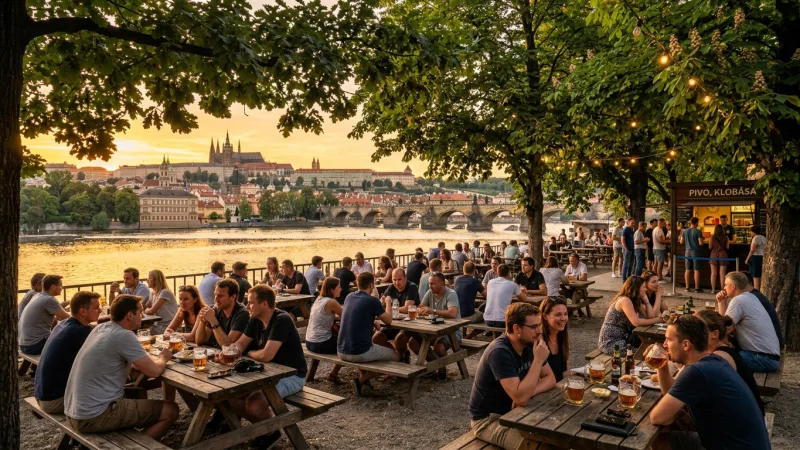 Catch Sunset at the Beer Garden 4 People relaxing at an outdoor beer garden atop a hill looking over Prague's historic bridges at sunset.